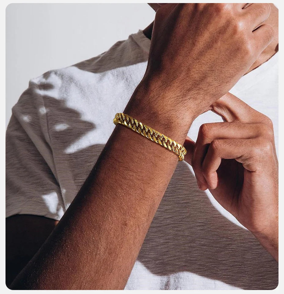 Men's Stainless Steel 7/8/9/10/12/15MM Link Chain Miami Cuban Bracelets for Male Boys Jewelry, 19cm/21.5cm, Gift for Dad