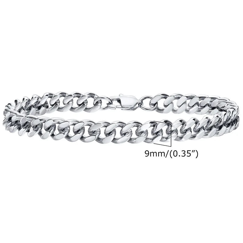 Men's Stainless Steel 7/8/9/10/12/15MM Link Chain Miami Cuban Bracelets for Male Boys Jewelry, 19cm/21.5cm, Gift for Dad