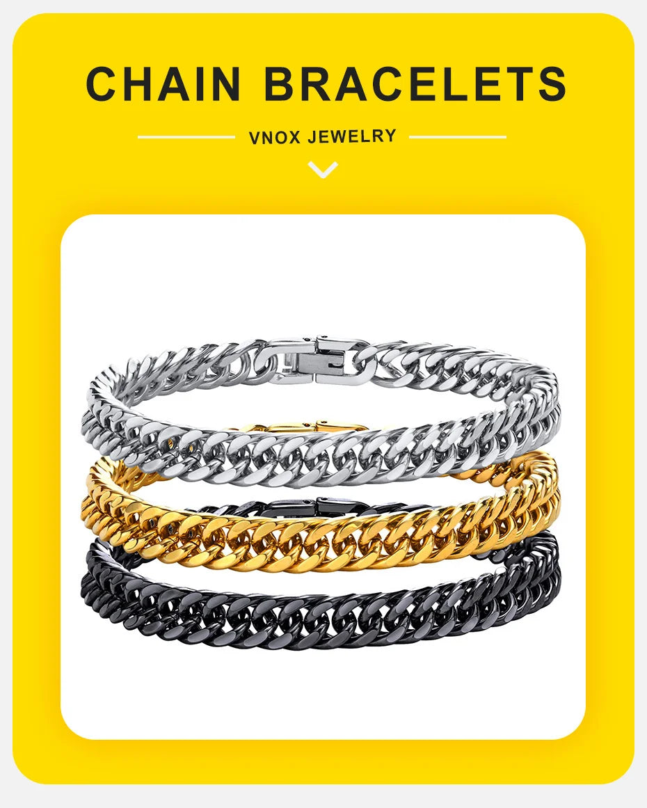 Men's Stainless Steel 7/8/9/10/12/15MM Link Chain Miami Cuban Bracelets for Male Boys Jewelry, 19cm/21.5cm, Gift for Dad