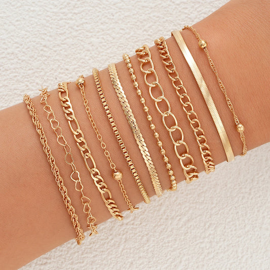 11 Pcs Simple Punk Gold Color Bracelet