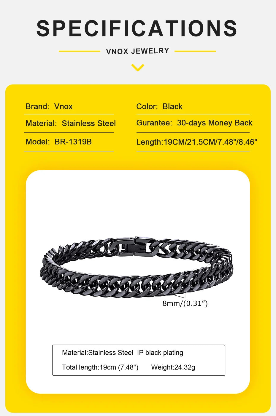 Men's Stainless Steel 7/8/9/10/12/15MM Link Chain Miami Cuban Bracelets for Male Boys Jewelry, 19cm/21.5cm, Gift for Dad